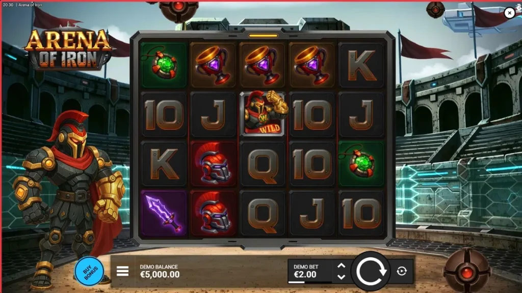 Cenário futurista e mecânico do jogo Arena of Iron com gladiadores robóticos