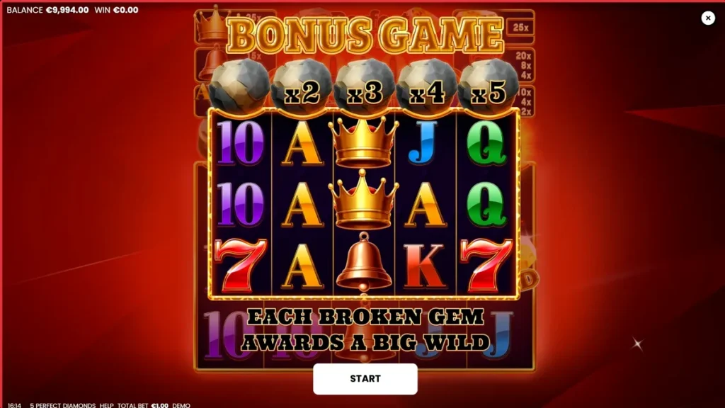 Interface do jogo 5 Perfect Diamonds com símbolos clássicos e diamantes brilhantes.