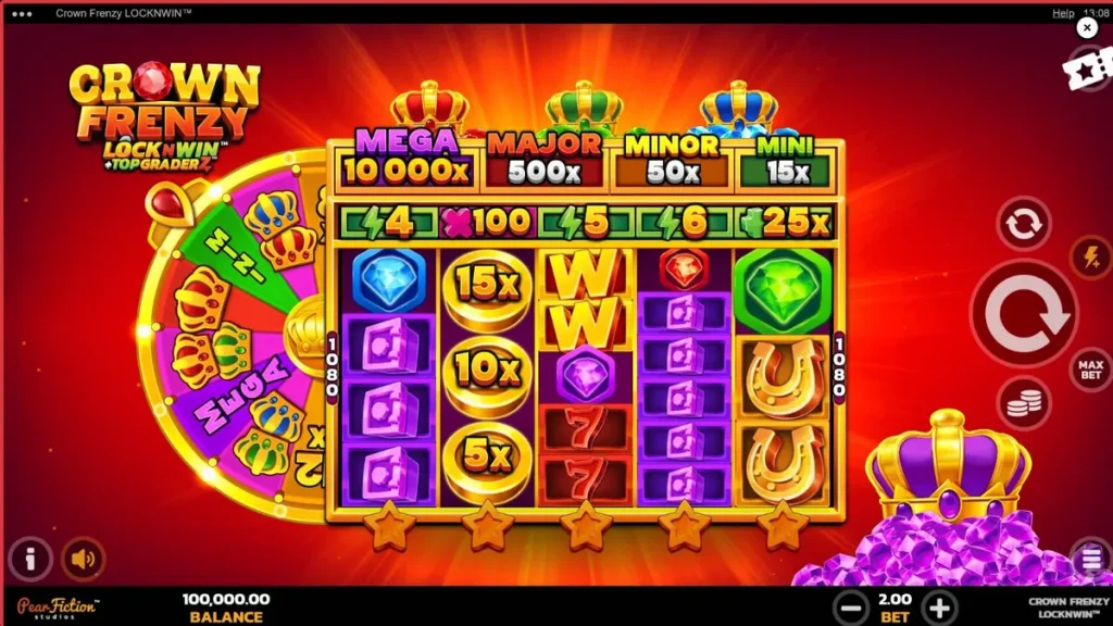 Cena luxuosa do jogo Crown Frenzy LockNWin com símbolos de coroas e joias